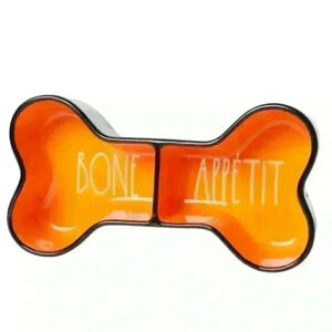 NEW Rae Dunn - BONE APPETITE - Glazed Ceramic Dual Pet dog / cat Bowl/DISH